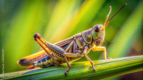 Close-up of a grasshopper resting on a blade of grass, with focus on its antennae © prasit