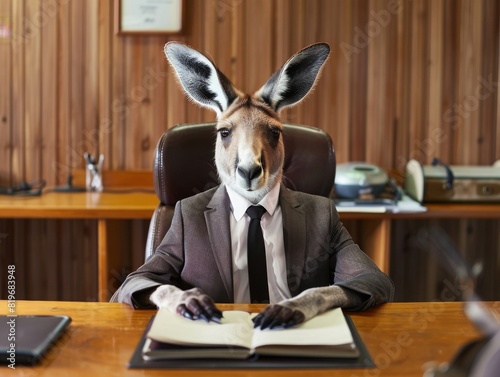 A kangaroo in a business suit sitting at a desk
