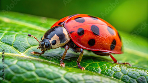 Close-up of a ladybug crawling on a green leaf, showcasing its red shell and black spots © prasit