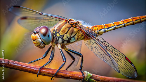 Close-up of a dragonfly perched on a twig, with clear focus