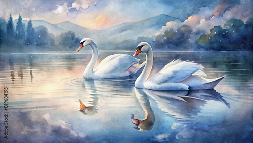 A pair of swans glide serenely across a glassy lake, their graceful movements mirrored in the still waters below.