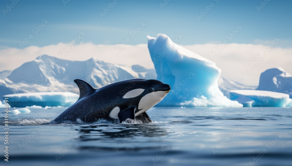 Fototapeta premium Groups of Orcas or killer whales swim and hunt for prey, the top of the food chain in a sea of ​​ice floes