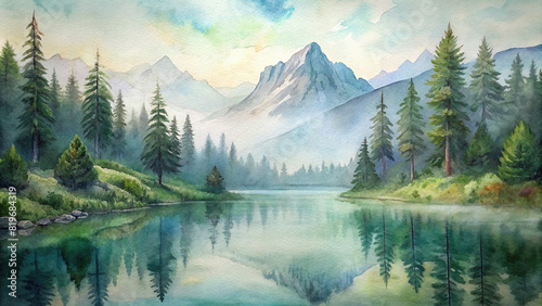 Panoramic view of a tranquil lake surrounded by verdant trees and mountains, reflecting the serene beauty of nature 
