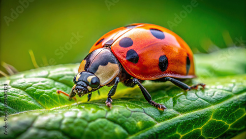 Close-up of a ladybug crawling on a green leaf, with clear background, showcasing vibrant colors and tiny details