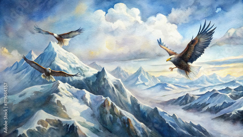 Majestic eagles soar high above snow-capped peaks, their keen eyes scanning the landscape below for signs of prey