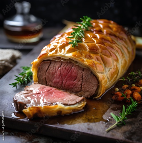 Beef Wellington, classic British dish, fillet of beef coated in pâté and duxelles, cinematic food photography photo