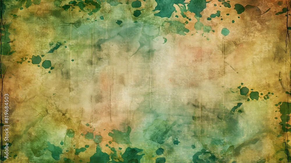 A background of aged and distressed paper with a colorful grunge pattern, combining blotches of forest green and earth tones