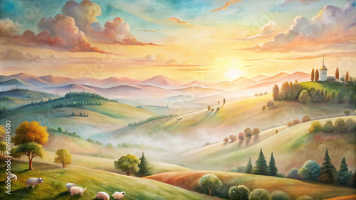 Full-wall mural of a peaceful countryside scene with rolling hills, grazing sheep, and a colorful sunrise painting the sky 