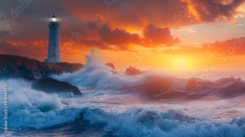 A picturesque lighthouse on a rocky promontory, with the fierce, churning ocean waves creating a dramatic seascape at dawn. photo