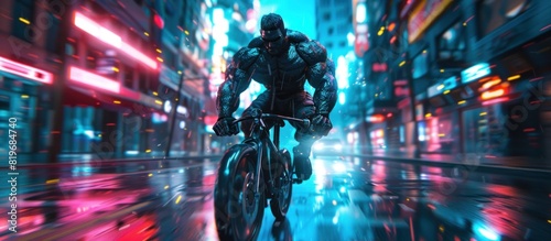 Bodybuilder Knight Powering Through a SciFi Futuristic City on a HighTech Bicycle photo
