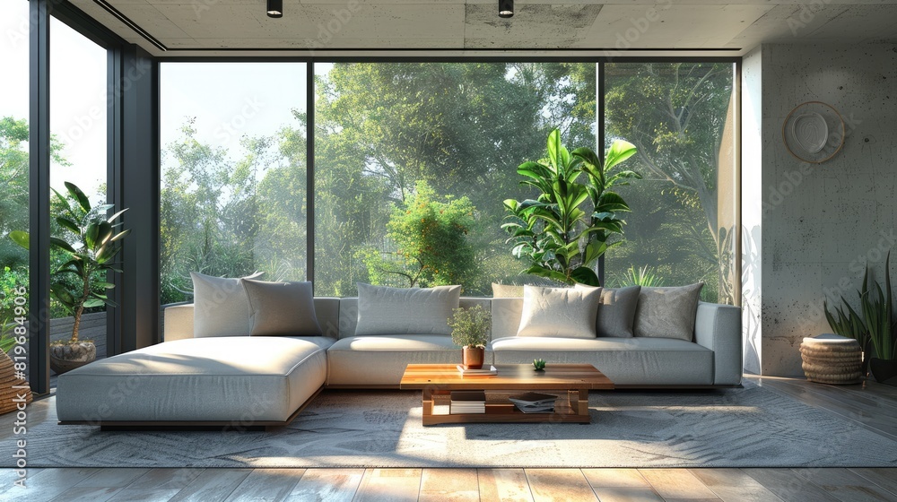 Modern nordic living room with large wide windows , close to nature 