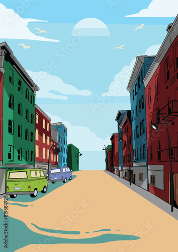 classic cartoon illustration design of downtown atmosphere with cars.eps