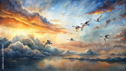 A flock of geese flying in formation against a dramatic sky ablaze with the fiery colors of sunset, their synchronized movement creating a breathtaking spectacle in the evening light