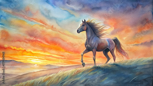 A lone horse stands majestically against the backdrop of a fiery sunset  its mane flowing in the breeze as it gazes out over the rolling hills