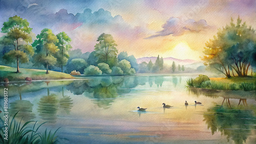 A tranquil lakeside scene with ducks swimming peacefully, surrounded by lush greenery and reflected in the calm waters under a watercolor sky