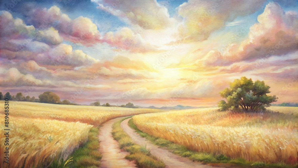 A peaceful countryside scene with a winding path leading through fields of golden wheat, under a pastel sky dotted with fluffy clouds