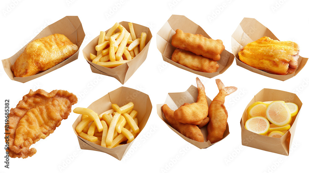 Different Fish and chips collection set in 3d transparent background Different Fish and chips collection set in 3d transparent background