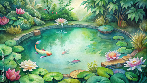 A tranquil garden pond teeming with life  surrounded by vibrant flowers and lush greenery  with koi fish swimming gracefully beneath the surface and lily pads floating serenely above