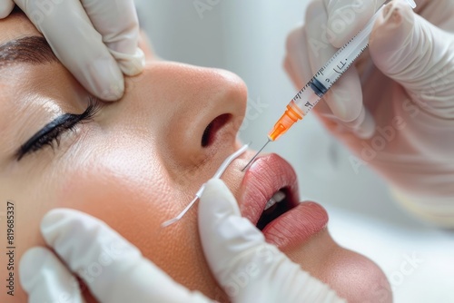 Hyaluronic acid being injected into the nasolabial folds of a patient with a focus on the rejuvenation aspect of the treatment