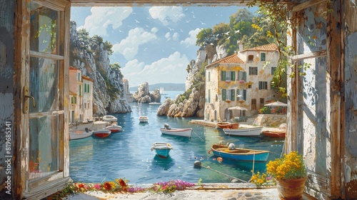 Mediterranean scene framed by an open window: a tranquil harbor, colorful fishing boats, and sun-drenched cliffs photo