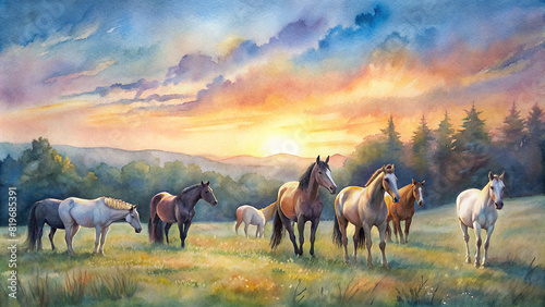 A picturesque countryside scene with a herd of grazing horses  their sleek coats reflecting the colors of the setting sun as they graze peacefully in the meadow
