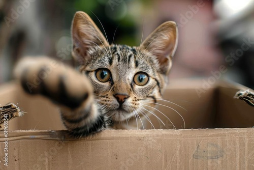 A cat with a paw stretched out of a cardboard box as if reaching for someone to come and play