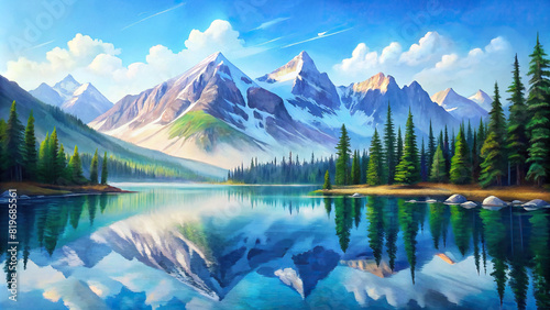 Panoramic view of a snow-capped mountain range reflected in a crystal-clear lake, with pine trees dotting the shoreline under a blue sky 