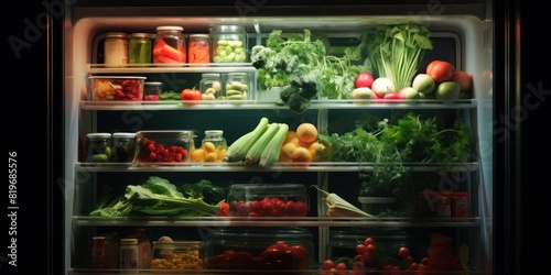 food in refrigerator is shown as it is fresh, in the style of atmospheric lighting
