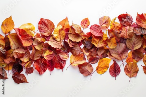 A creative composition of fall leaves forming a border on a white background leaving space for text in the center