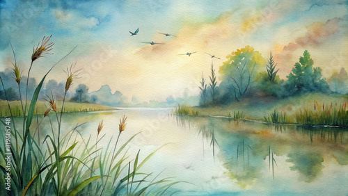 A soothing watercolor scene of a serene riverside, where tall grasses sway gently in the breeze and dragonflies flit above the glassy water's surface
