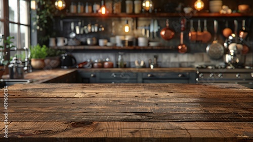 Blurry kitchen backdrop with a rustic wood table top in the foreground  ideal for showcasing products or creating design layouts