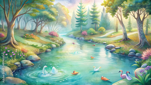 A babbling brook winds its way through a sun-dappled forest, its crystal-clear waters teeming with colorful fish and graceful swans gliding by photo