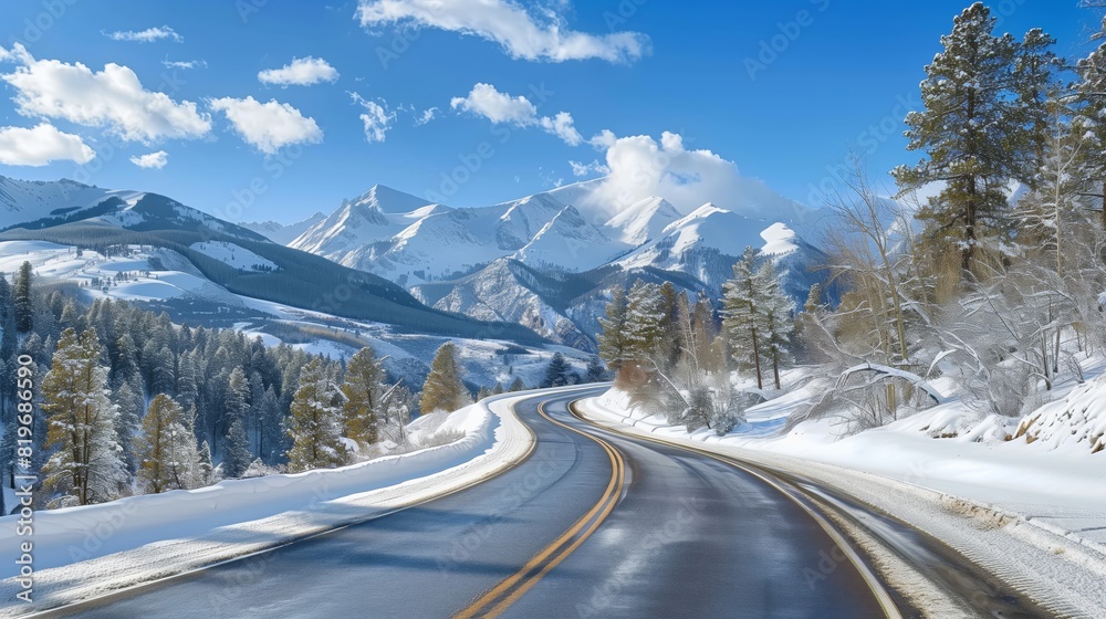 Highway through snow-capped peaks under blue skies, perfect for scenic winter travel.