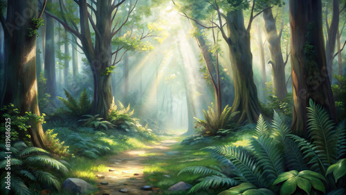 An enchanting scene of a secluded forest glade  with dappled sunlight filtering through the canopy onto a carpet of moss and ferns
