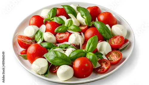 Plate of tasty salad Caprese with tomatoes, mozzarella balls and basil isolated on white, top view