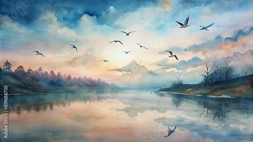 A flock of birds soars gracefully across the sky, their silhouettes mirrored in the calm waters of a nearby stream photo