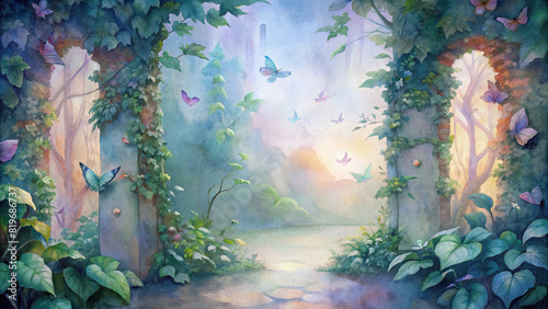 A dreamy watercolor scene of a secret garden hidden behind a tangle of ivy-covered walls, where butterflies flit among the blossoms under the soft glow of twilight photo