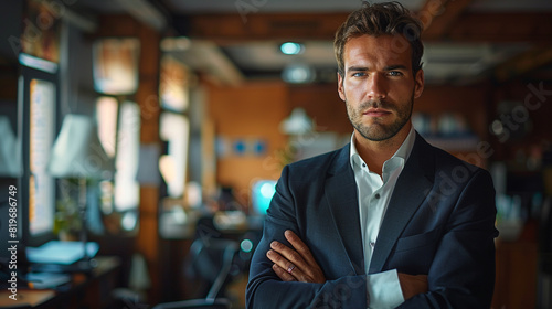 A businessman in a tailored suit standing in a corner office, arms crossed, with a serious expression. photo