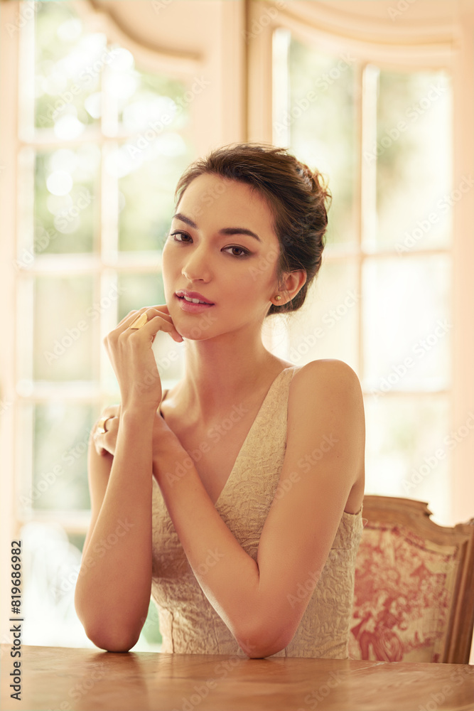 Woman, portrait and asian in luxury mansion with elegant clothes for wedding party. Bride, aristocratic home and thoughtful for fashion event, makeup and confidence waiting for guests or smiling Woman, portrait and asian in luxury mansion with elegant clothes for wedding party. Bride, aristocratic home and thoughtful for fashion event, makeup and confidence waiting for guests or smiling