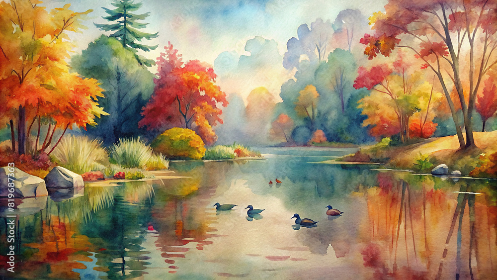 A tranquil pond reflecting the vibrant colors of the autumn foliage surrounding it, with ducks swimming lazily in a watercolor painting style