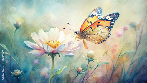 A close-up of a delicate butterfly perched on a blooming flower, against a blurred meadow background. © Woonsen