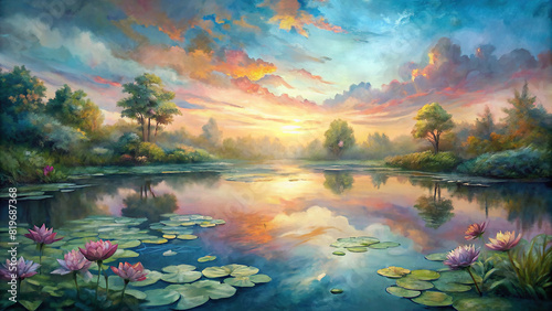 A tranquil pond surrounded by colorful water lilies, with a watercolor-painted sky reflecting in the still water surface