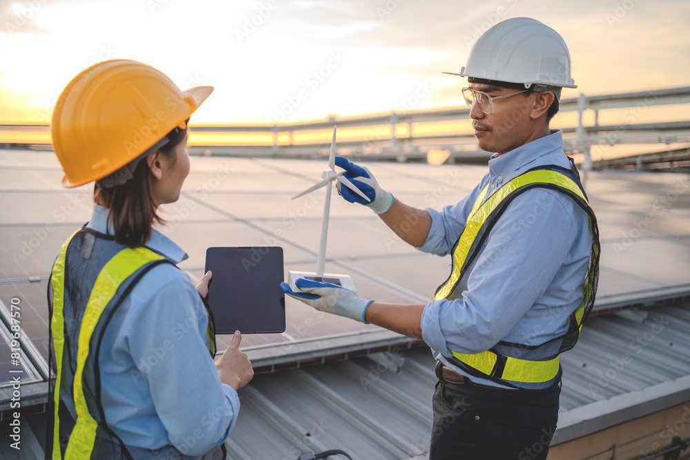 Two people are standing on a roof, one of them holding a tablet. They are discussing something related to the tablet. Electrical engineer installs solar panels in power station Two people are standing on a roof, one of them holding a tablet. They are discussing something related to the tablet. Electrical engineer installs solar panels in power station