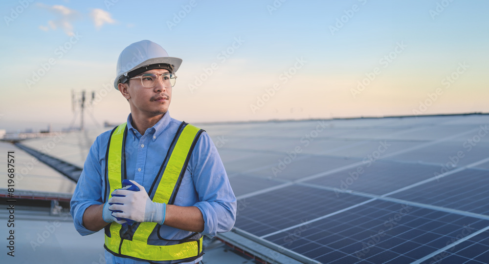 A man in a yellow vest stands on a solar panel. He is wearing a hard hat and gloves