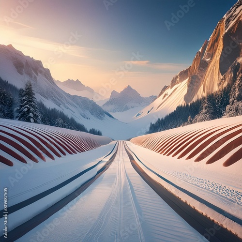 Rennstrecke im Schnee - Formel 1 Design im Cleanen Design - Berge und Sonne photo