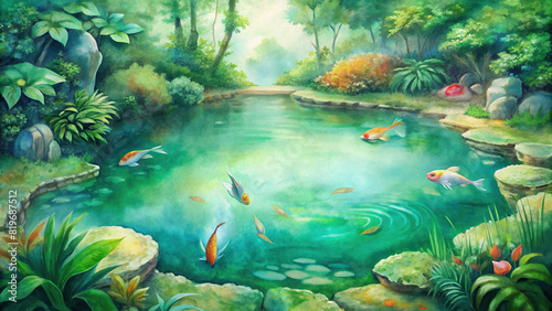 A tranquil pond surrounded by vibrant green foliage  with colorful koi fish swimming gracefully in the clear water.