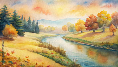 Tranquil watercolor illustration capturing the beauty of a peaceful meadow blanketed in a carpet of colorful autumn leaves  with a winding river meandering through the golden landscape
