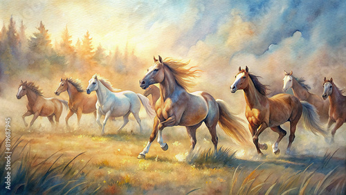 A magnificent herd of wild horses galloping across an open meadow  their graceful movements captured in the golden sunlight.