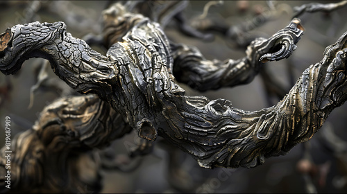 A tree branch with gnarled knots and twisted contours, its rough texture telling the story of years of growth and resilience.