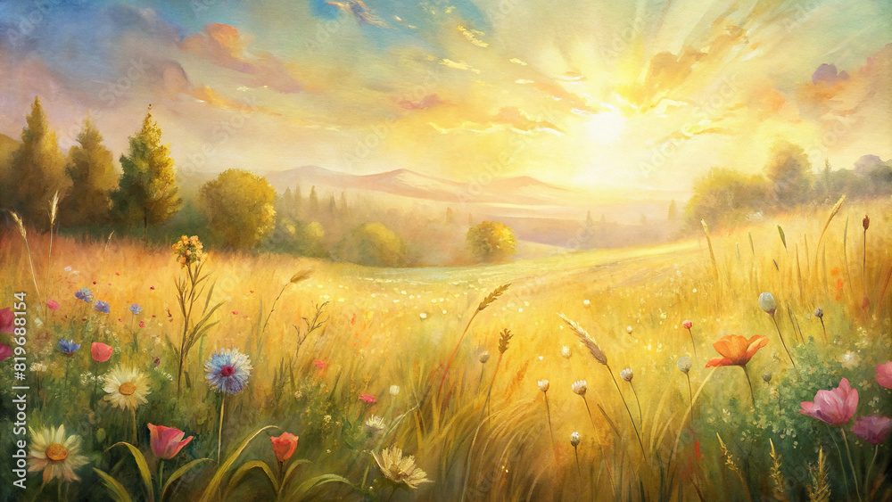 A peaceful meadow bathed in golden sunlight, with wildflowers swaying gently in the breeze.